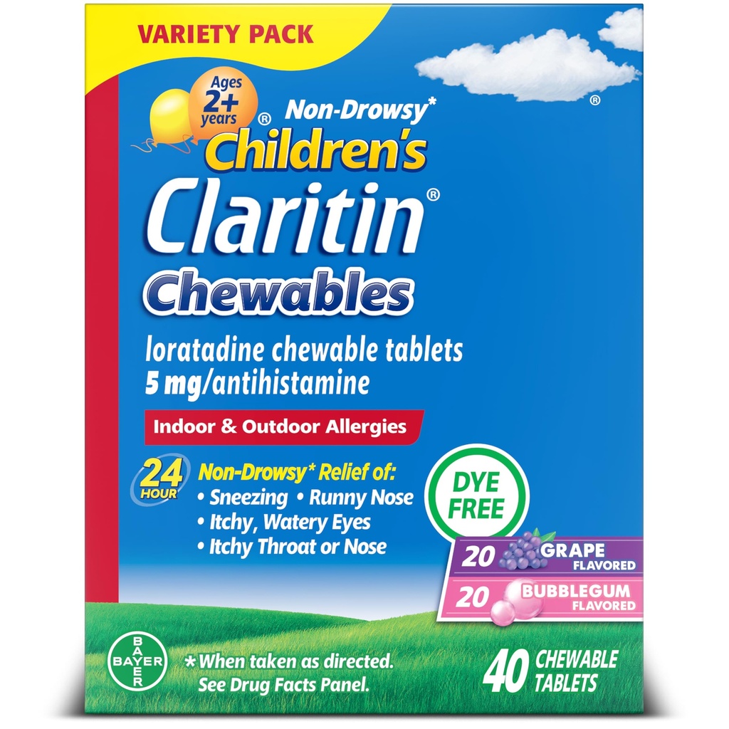 Claritin Medicina dell'allergia dei bambini, 24-Hour Non-Drowsy Loratadine 5mg Chewable Tablet, Antistamina per i bambini età 2 anni e più vecchio, Grape & Bubble Gum sapori, 40 compresse