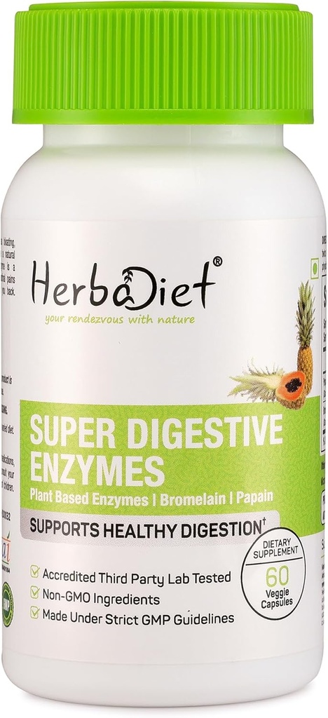 Herbadiet Digestive Enzyme Supplements | Bromelain & Papain Extract 500mg Capsules | Proteolytic Enzymes con Lipase Lactase Amylase (60 capsule)