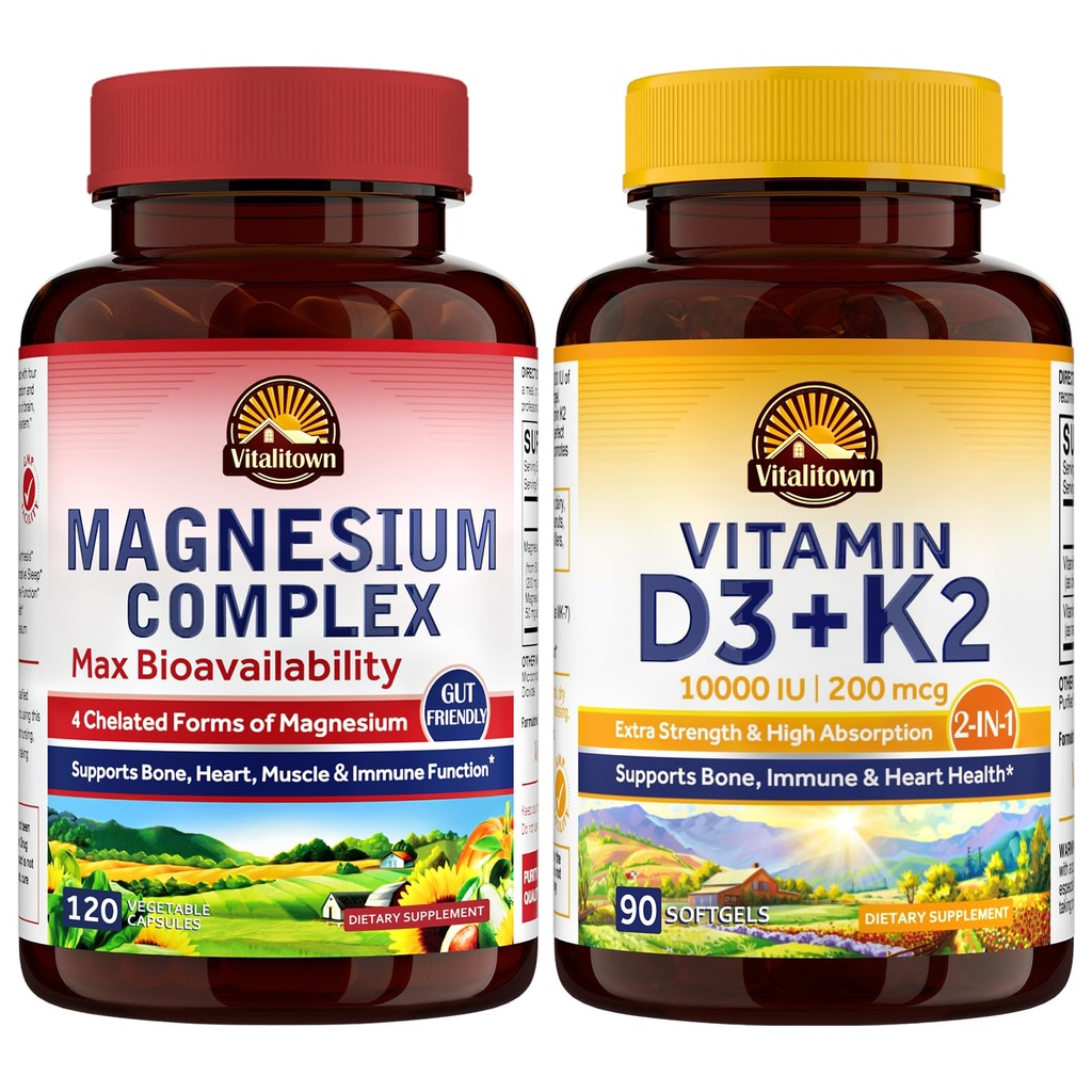 Vitalitown Magnesium Complex & Vitamin D3 K2 Bundle (Pack of 2) | per Bone Heart Immune & Muscle | Magnesium Glycinate, 10000IU D3, MK-7 | 120 Mag Caps & 90 D3 Softgel
