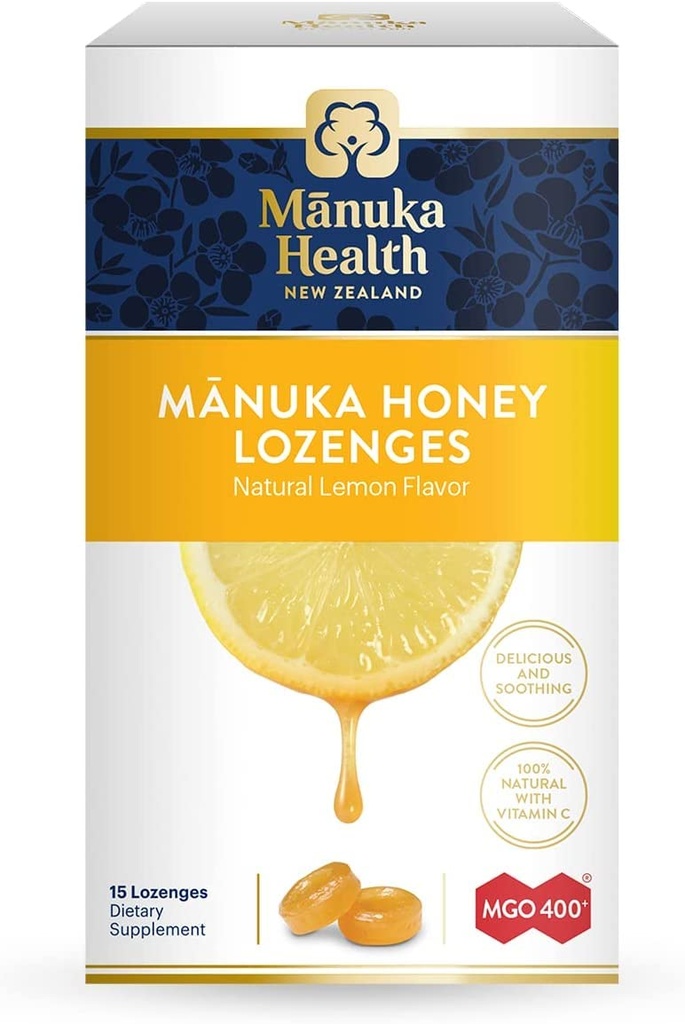 Manuka Health Manuka Honey Lozenges – 15 Lozenges aromatizzati al limone – Lozenges naturale della gola Infuso con miele di Manuka crudo e vitamina C per il supporto immunitario