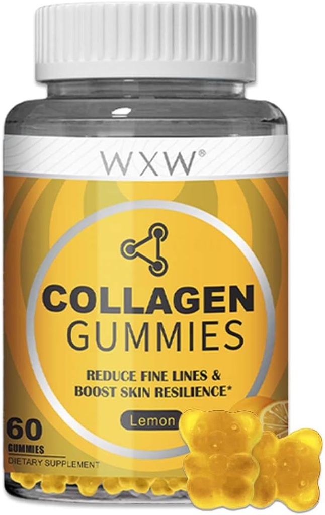 Peptidi di collagene idrolizzati WXW Gummies per le donne, Formula anti-invecchiamento non OGM con biotina, zinco, vitamine C & E per capelli, pelle e chiodi | 60ct, aroma di lemone