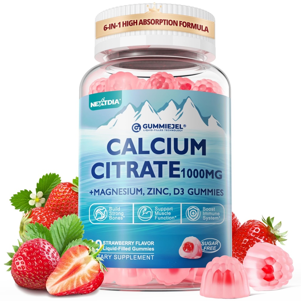 Citrato di calcio supplemento 1000mg per le donne e gli uomini, 6-in-1 calcio magnesio zinco Gummies + vitamina D3, B6 & Potassium alto assorbimento per le ossa, denti, muscolo & Nerve salute, Vegan, zucchero libero, 60Cts
