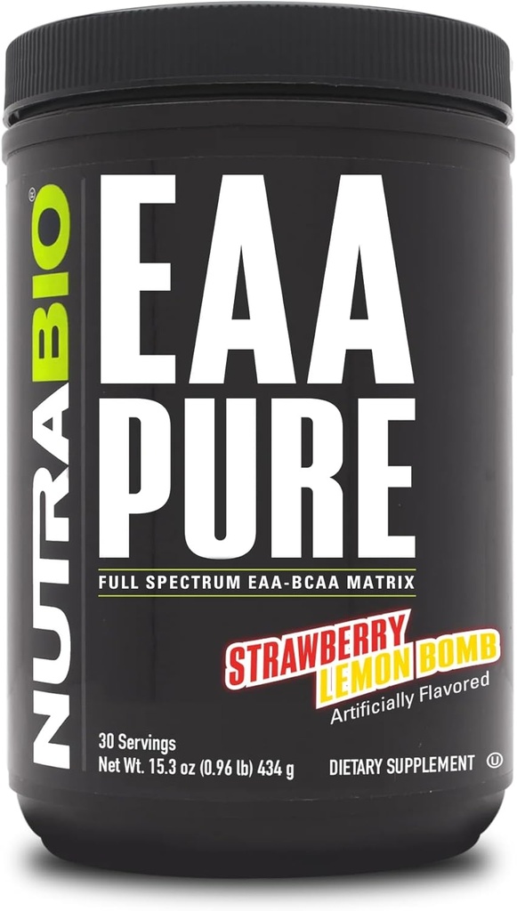 NutraBio – EAA Pure – 9 Aminoacidi – Riparazione e Recupero del muscolo, 30 Serve, Bomba di limone di fragola – Pre o Post Workout – Tutti i giorni di recupero