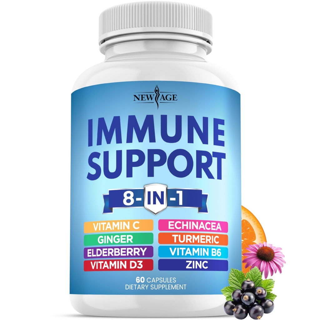 NUOVO AGE 8 in 1 Integratore di Booster di supporto immunitario con Echinacea, Vitamina C e Zinc 50mg, Vitamina D 5000 IU, Curcumina e Ginger, B6, Contante di Elderberry 60 (Pacchetto di 1)