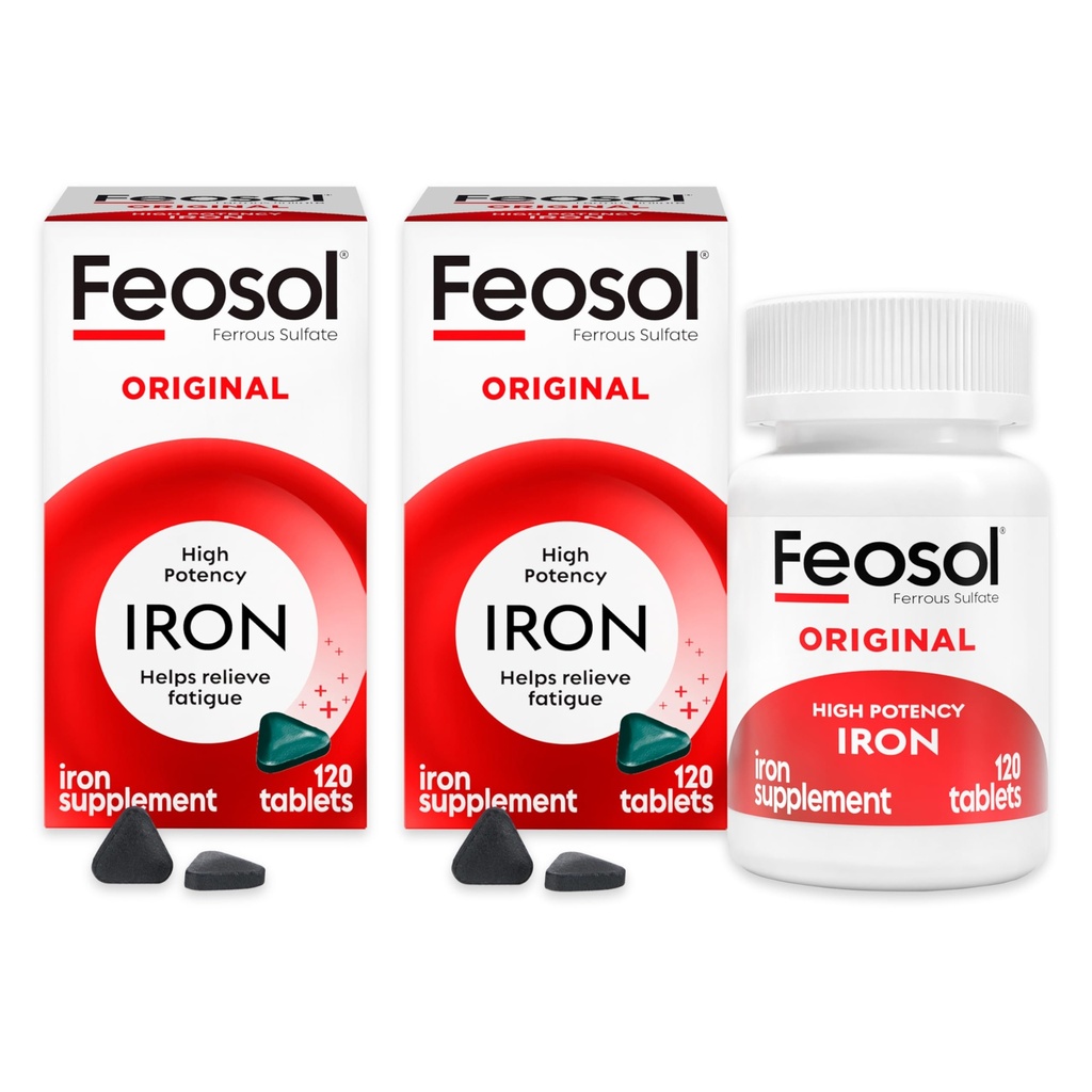Feosol originale ferro supplemento compresse, non-heme 325mg Ferrous Sulfate (65 mg di ferro elementare) per pillola, 1 al giorno, 4 mesi di alimentazione, per energia e supporto del sistema immunitario (120 ct Confezione di 2)