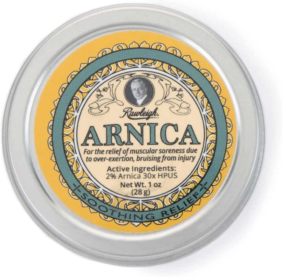 Rawleigh Arnica Soothing Balm: 1 oz, 2% Arnica 30X HPUS, Formula naturale per il dolore muscolare, Spazzola per l'espersione, Absorbs Rapidamente, Non Greasy, Travel-Friendly Tin - Confezione da 1