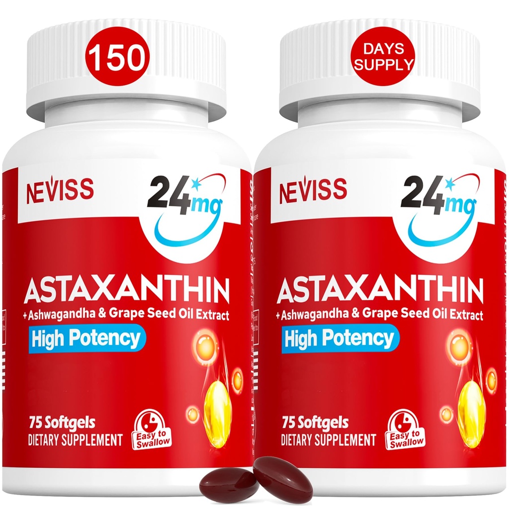Astaxantina Integratori 24mg, 5 Mese di Alimentazione - Coconut MCT Olio, Microalghe fresche Fonte w/Grape Seed Oil, Ashwagandha - Antiossidanti per pelle sana, occhi, invecchiare - Non OGM & Gluten Free, 150 Softgels