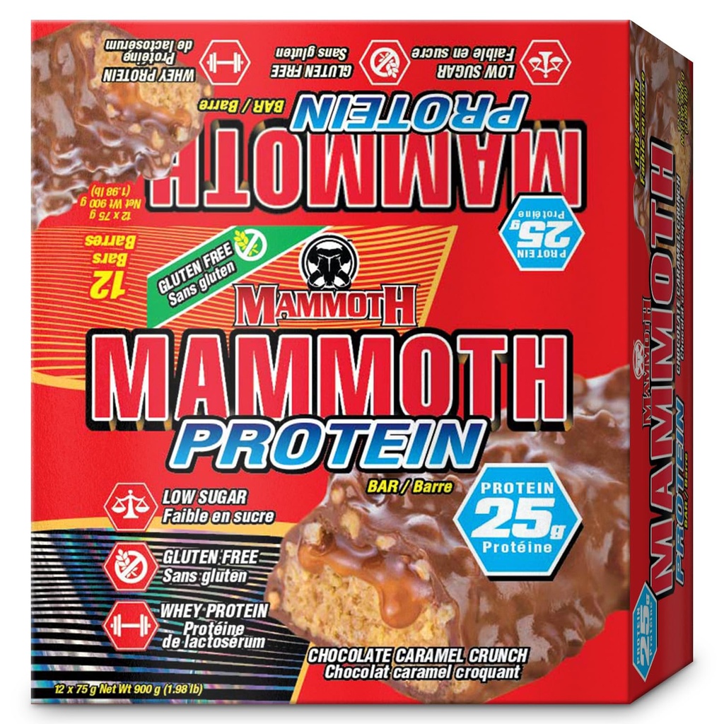MAMMOTH Protein Bar, Crociata di burro di arachidi al cioccolato, 25g Proteine, Basso zucchero, Carbo basso, Senza glutine, 12 x 65g (12 Conte) (Chocolate Peanut Butter Crunch) (12 Conte, Crunch di caramella al cioccolato)