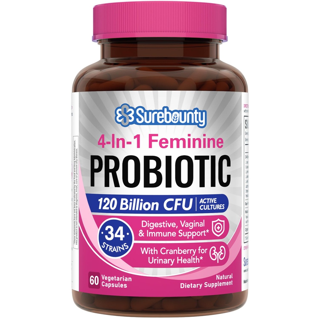 Probiotici per le donne, 120 miliardi di CFU 34 Strains, Prebiotici, Enzimi Digestivi, Mirtillo, Probiotico Femminile 4-in-1, Digestivo, Vaginale, Supporto Immune, 60ct