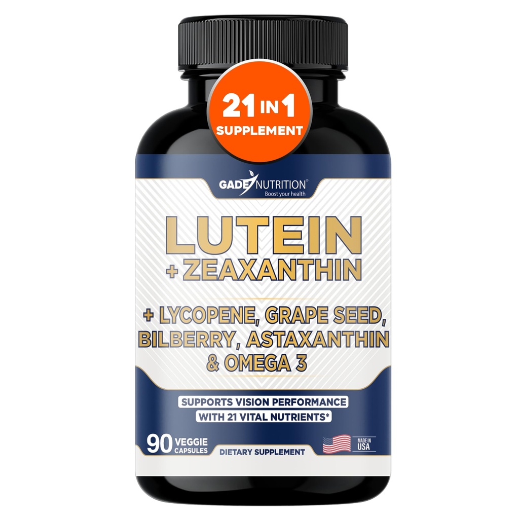 Gade Nutrition Lutein e Zeaxanthin Supplementi | Vitamine di occhio di Astaxantina con Omega 3, Resveratrolo, Bilberry, Lycopene, Quercetin, Ginkgo Biloba, Vitamina D e Più Cura degli occhi Vitamine e Minerali