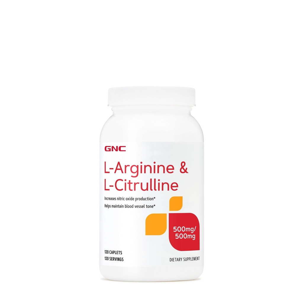 GNC L Arginina + L Citrullina 500mg Ogni supplemento, Supporta la produzione di ossido nitrico e tono di vaso sanguigno sano, 120 Serve