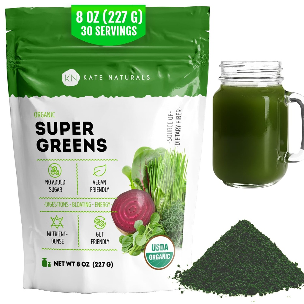 Polvere di Super Greens Organic di Kate Naturals. Daily Greens Superfood Blend with Probiotics & Fiber for Smoothies and Juice (30 Serve, 8oz, Naturale)