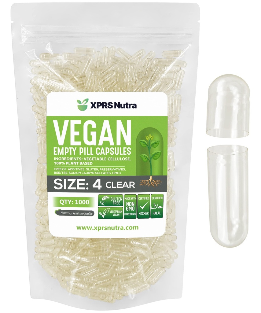 XPRS Nutra Size 4 capsule vuote - 1000 conte Piccole capsule vegane vuote- Pillole vegetariane - DIY Capsule vegetali Filling - Fillable Do-It-Yourself Veggie Caps per integratori