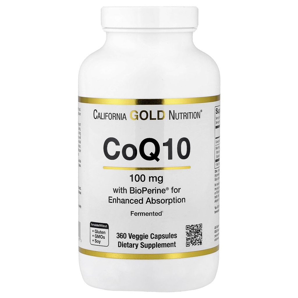CoQ10 100 mg, Coenzyme Q10 Ubiquinone USP con Bioperine Black Pepper per l'assorbimento potenziato, Supporta la funzione mitocondriale*, 360 capsule vegetali