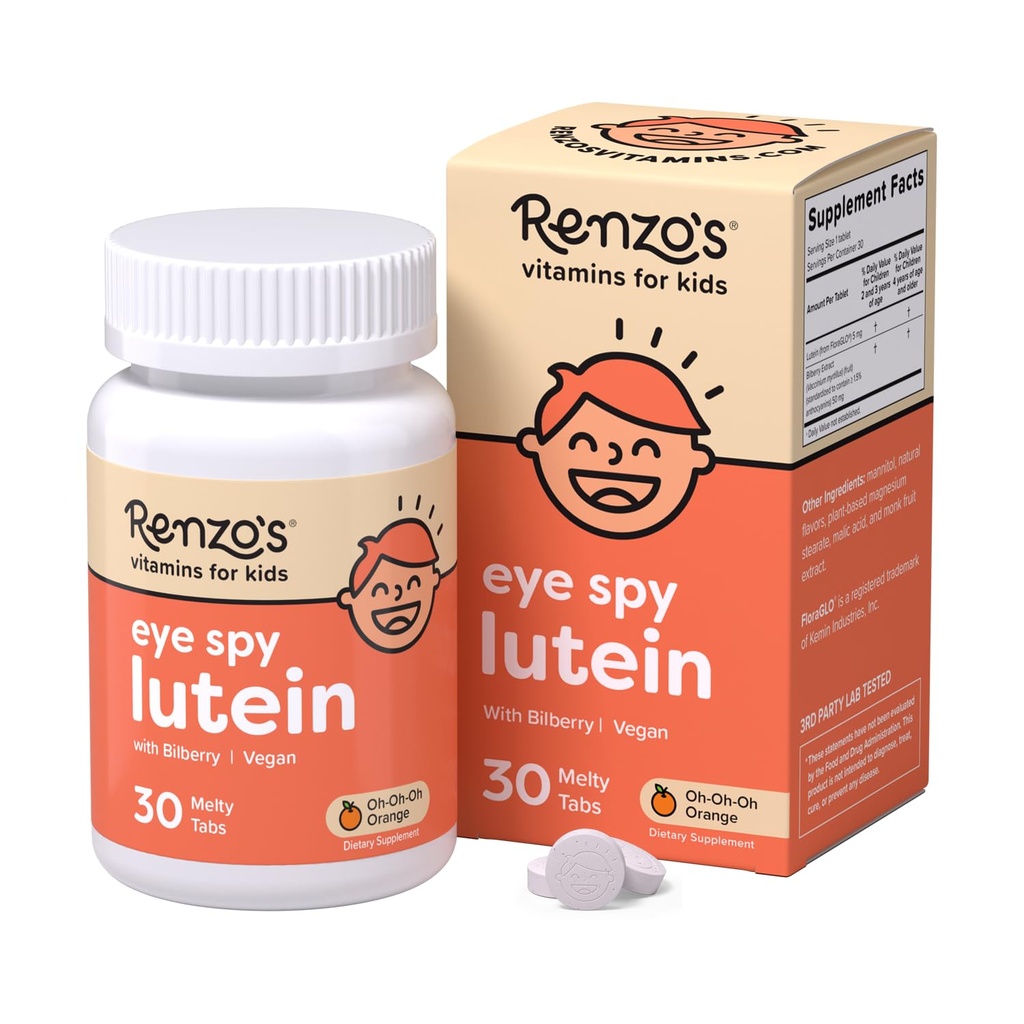 L'occhio di Renzo Spy Lutein con l'estratto di mirtillo, vitamine per bambini dissolvibili per la salute degli occhi, integratori senza zucchero, 30 schede di mele aromatizzate arancio