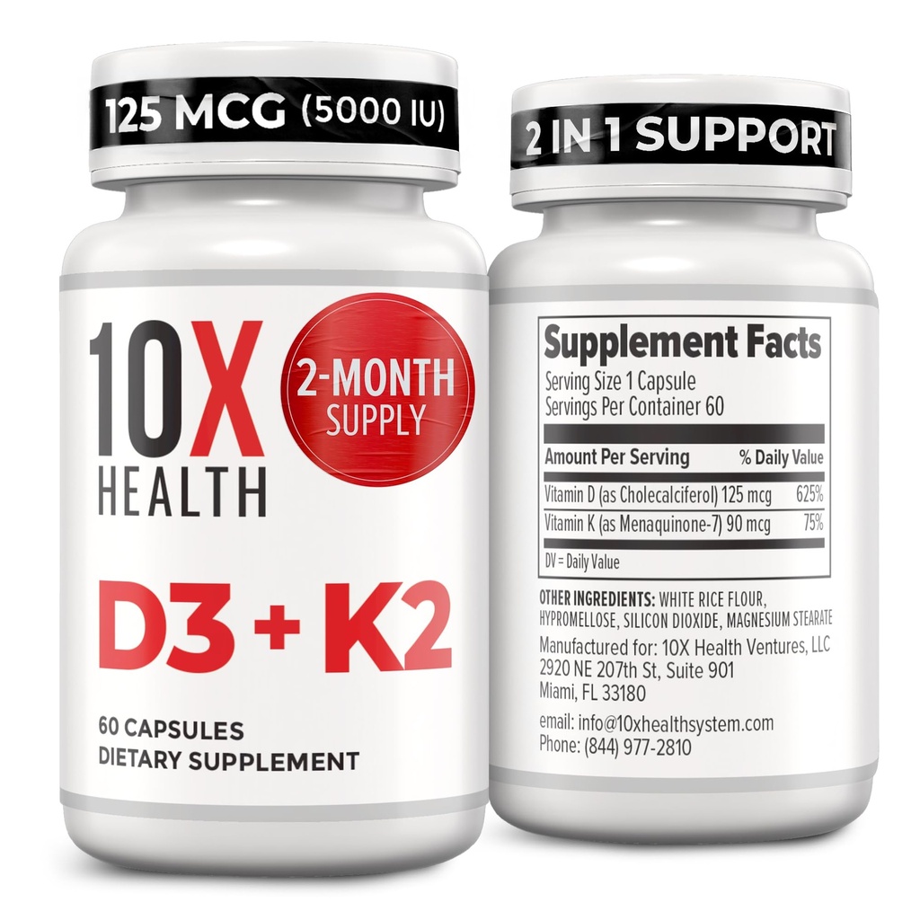 10X Salute Vitamina D3 5000 IU & K2 MK7 - Menaquinone 7, High-Potency D3 K2 Integratore di vitamina per la salute di ossa, cuore e denti - 125 mcg Vitamina D & 90 mcg Vitamina K2-60 capsule