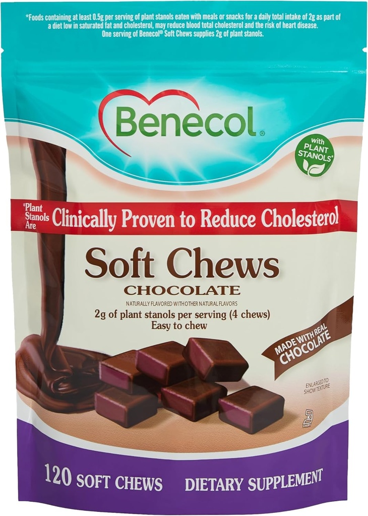 Benecol® Soft Chews - Realizzato con Clinically Proven Cholesterol-Lowering Plant Stanols - Integratore di gestione del colesterolo (120 Chews al cioccolato)
