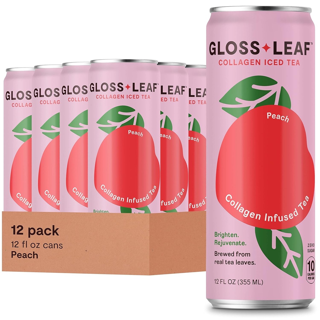 Gloss Leaf Collagen Tea a freddo (Zero-Sugar, Peach): Insalata di tè nero con collagene Peptidi Proteine & Vitamina C, Bellezza & Anti-invecchiamento, 12 Fl Oz, 12 Pack
