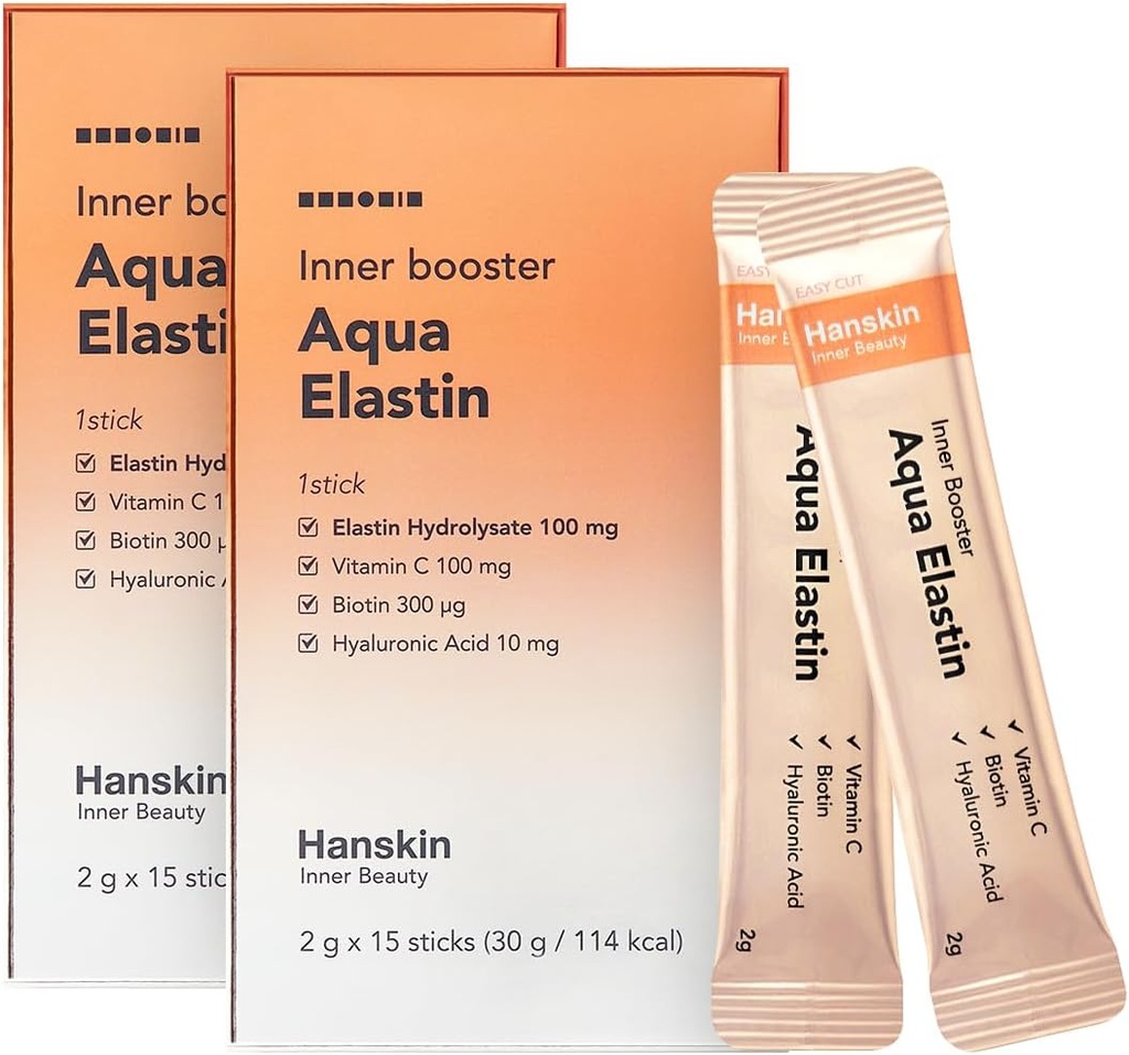 Imballaggio della polvere di acido ialuronico di Hanskin Aqua Elastin per capelli, pelle, rughe e unghie | Biotina, vitamina C, acido ialuronico | Supplemento nutrizionale per la pelle sana, 2g x 30 singoli bastoncini