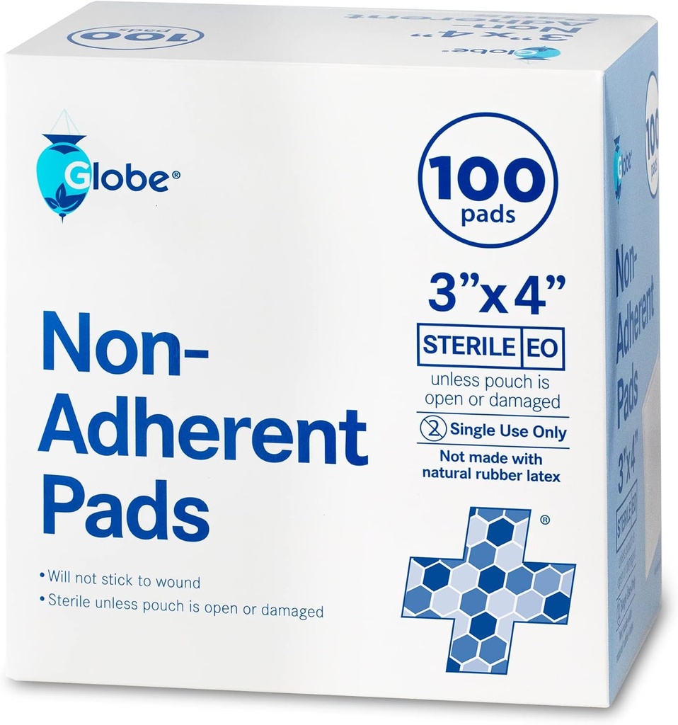 Globe Advanced Sterile Non-Adherent Pads| 100-Pack, 3” x 4”| Vestito in tessuto non adesivo| Altamente assorbente & Non-Stick, Rimozione senza dolore-Switch| Individualmente avvolto per protezione extra (3 x 4)