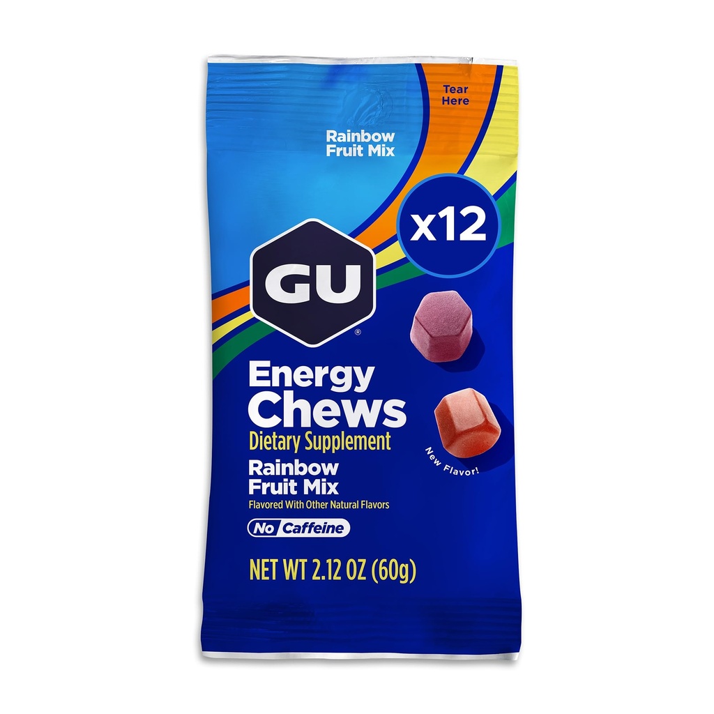 Cuciture per l'energia GU, Rainbow Mix Energy Gummies with Electrolytes, Dairy-Free, On-The-Go Energy for Any Workout, 12 Borse (24 Serve Totale)