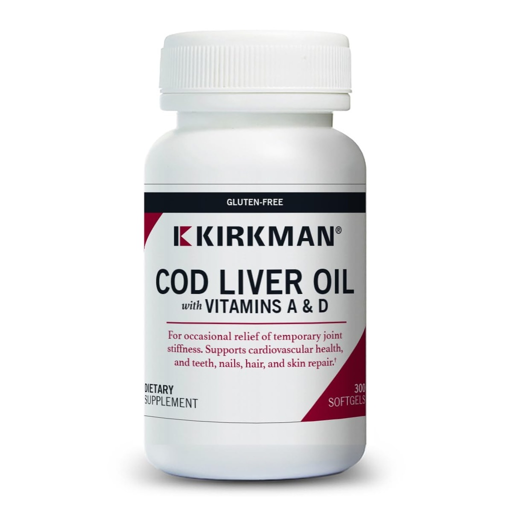 Kirkman - Olio di fegato di Cod con vitamina A & D - 300 Softgels - Acidi grassi essenziali - Supporta la salute Fondamentale - Ipoallergenico
