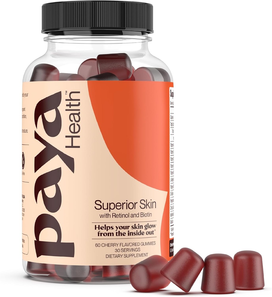 Gummie per la pelle retinol e biotina per pelle chiara, liscia, capelli sani e unghie | Supplemento con zinco, vitamine A, E e C | Non OGM, senza glutine, aroma di ciliegia, 60 Conte