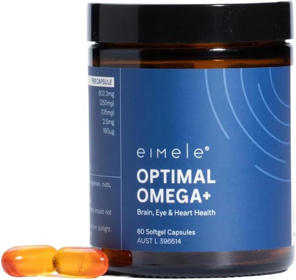 eimele | Optimal Omega+ | Plant-Based Omega-3 EPA & DHA | Supplemento per cervello, occhio & salute del cuore | Supporto antiossidante per funzione cognitiva & benessere | Non-GMO | Vegan | 60 capsule softgel