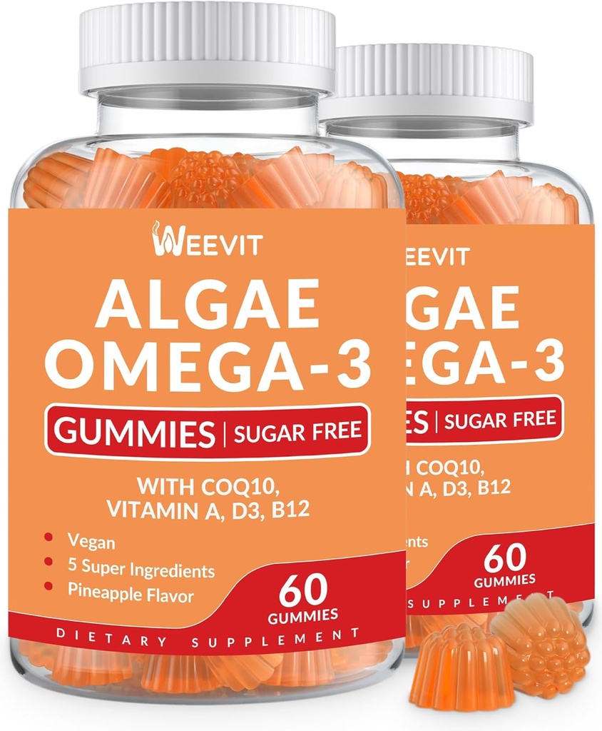 Vegan Omega 3 Gummies, Algae Omega-3 Supplemento DHA 240mg, EPA 110mg w/Vitamin B12, CoQ10, Fish Oil Alternative per adulti - Cervello, Bone, Eye & Immunity Support