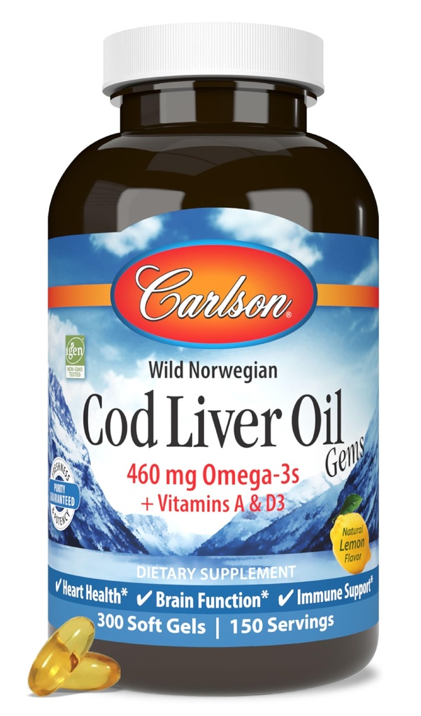 Carlson - Cod Liver Oil, 460 mg Omega-3s + Vitamine A & D3, Wild-Caught Norvegese Arctic Cod-Liver Oil, Sostenibilmente Fonte Nordic Fish Oil Capsules, Limone, 300 Softgels