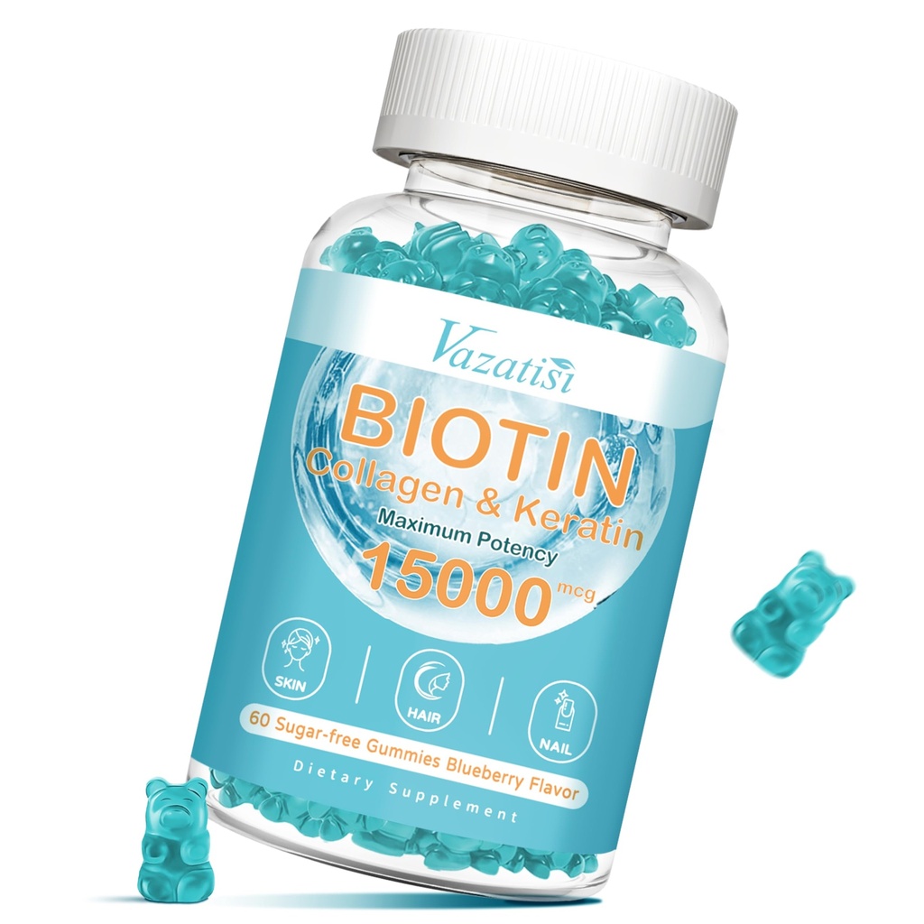 Biotina e Collagene Gummies con B12, Pelle per capelli e Vitamine per la Crescita dei capelli, Pelle di Glowing & Strong Nails - Aroma di mirtillo, Senza zucchero, 60 Ct