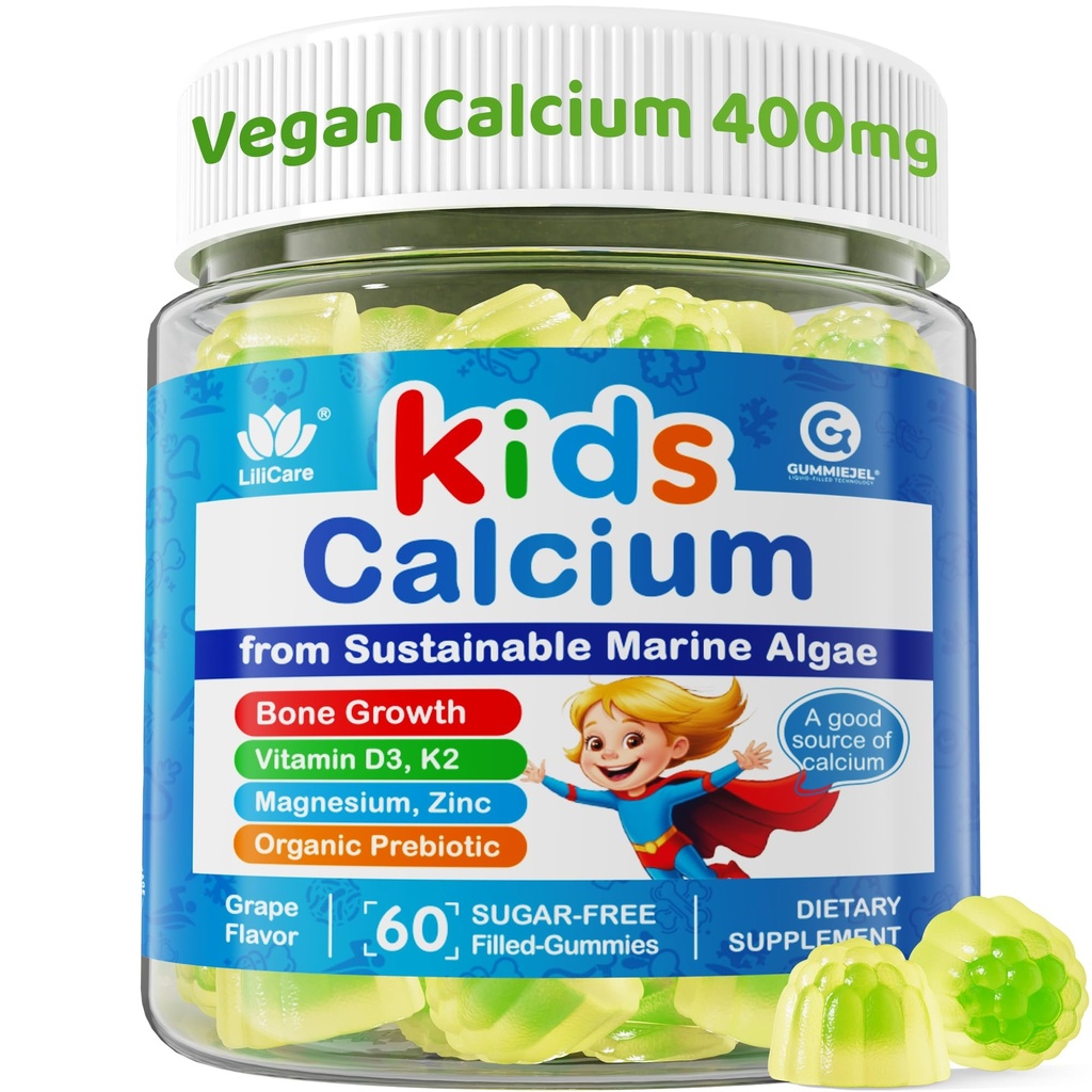 Gummie di calcio per bambini + Vitamina D3 K2, Magnesio, Zinco, Supplemento di calcio extra assorbente per bambini Gentle to Stomach, Bone, Teeth, Muscolo, Cervello, Sugar Free Chewable Kids Vitamine 4+, 60 conti