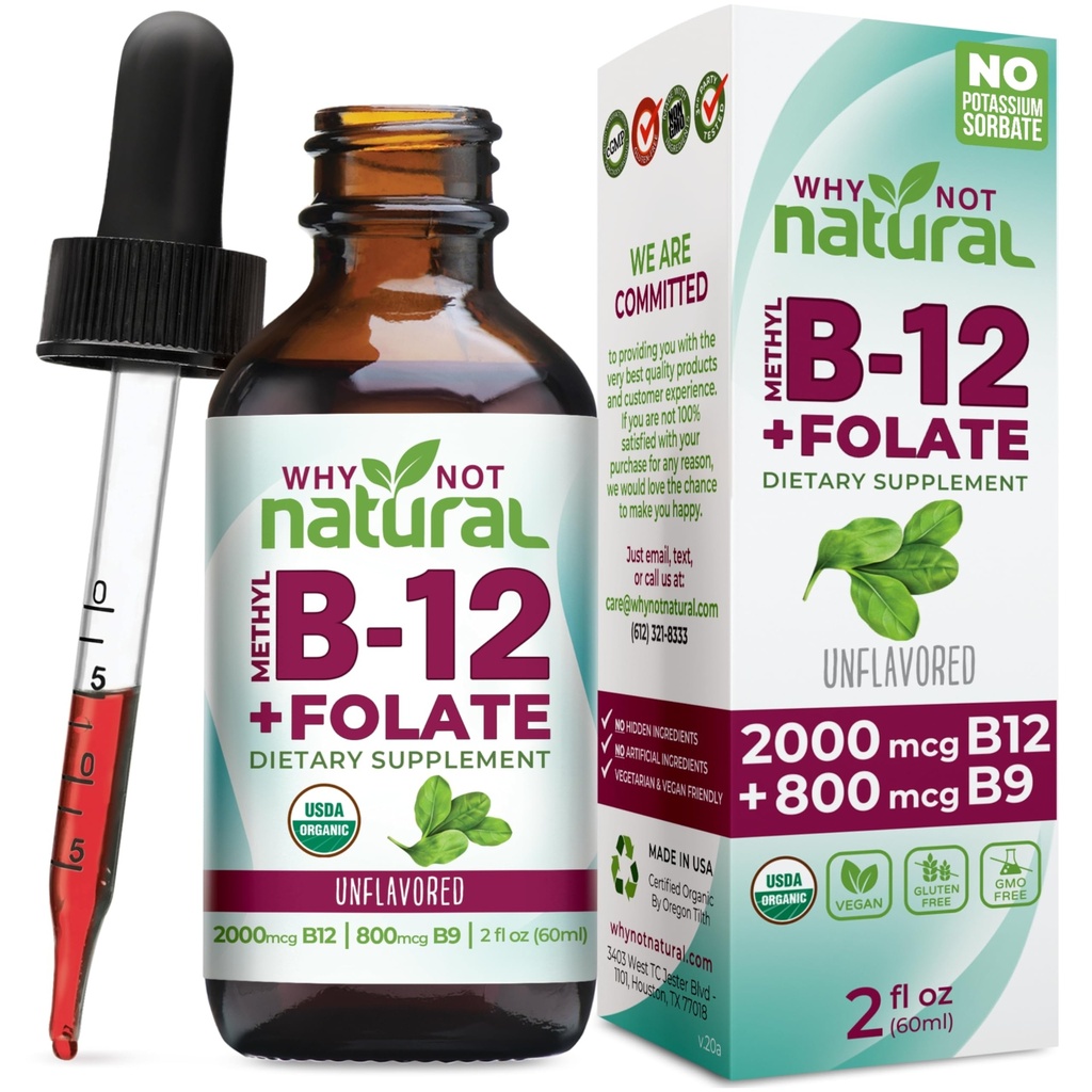 Perché non la vitamina naturale B12 Liquid Plus Folate - Organic Sublingual Extra Strength Vegan Drops - Integratore di metile con Folinic