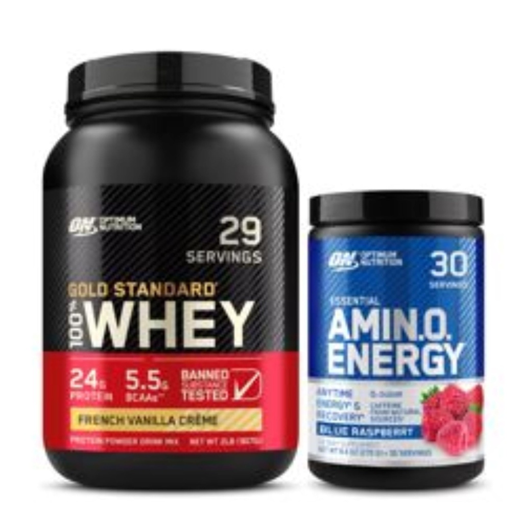 Optimum Nutrition Dynamic Duo Bundle: Amino Energy, Blue Raspberry (30 Serve) e Gold Standard 100% Whey Protein Powder, French Vanilla Creme (29 Serve)