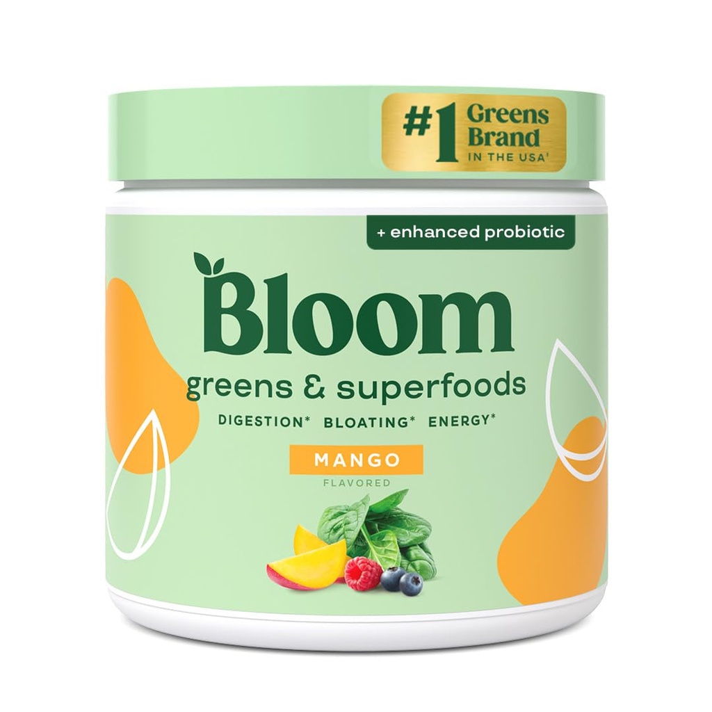 Bloom Nutrition Superfood Greens Powder, Enzimi Digestivi con Probiotici e Prebiotici, Salute Gut, Bloating Relief per le donne, Chlorella, Green Juice Mix with Beet Root Powder, 30 SVG, Mango