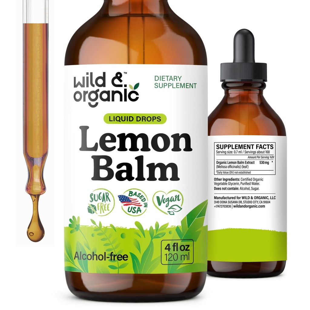 Tintura di balsamo di limone naturale e organico - Supplemento di sostegno del mood - Gocce di estratto di polpa di Melissa Lemon Balm - Vegan, Zucchero e Alcol-Free Calming Supplement - 4 fl oz