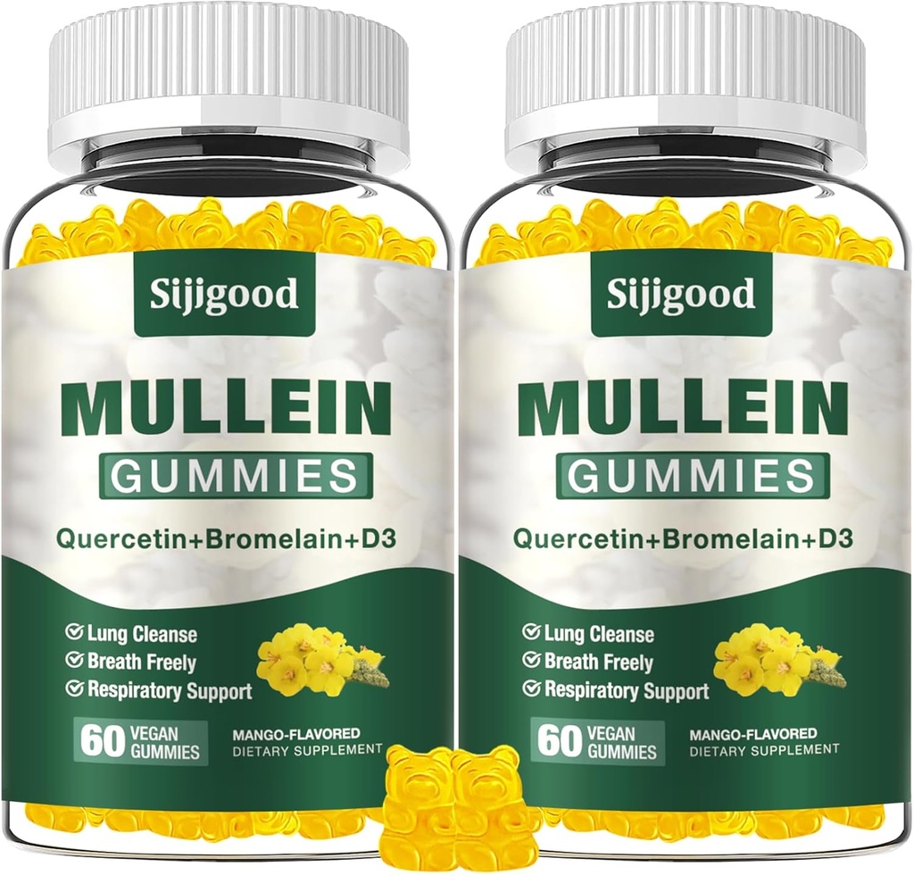 2 Pack Mullein Gummies per polmoni, Mullein Leaf Extract Supplement per Digestive & Respiratory & Immune Support with Bromelain, Quercetin, Mango Flavor, 120 Count