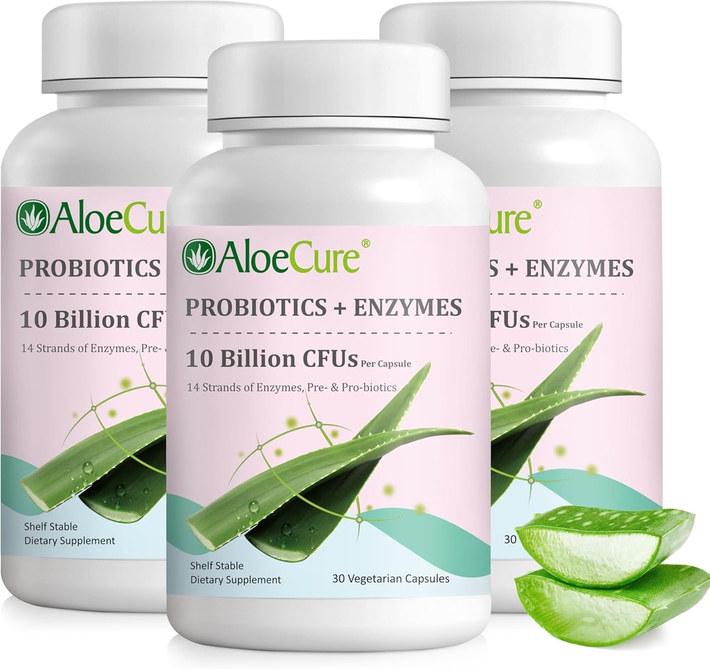 AloeCure Daily Probiotics 10 miliardi di CFU per il supporto digestivo 8 Strains, 6 Prebiotici e enzimi - Supplemento digestivo con Bromelain per le donne e gli uomini - Gut Support, Rilievo digestivo, 30 Caps x 3btls