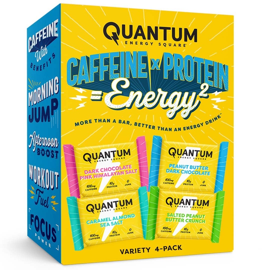 Quantum Energy Square - Energy Bar con Caffeina e 10g Protein, Snack sano sul Go - Vegan, senza glutine, Soy & Dairy-Free - Varietà 4-Pack