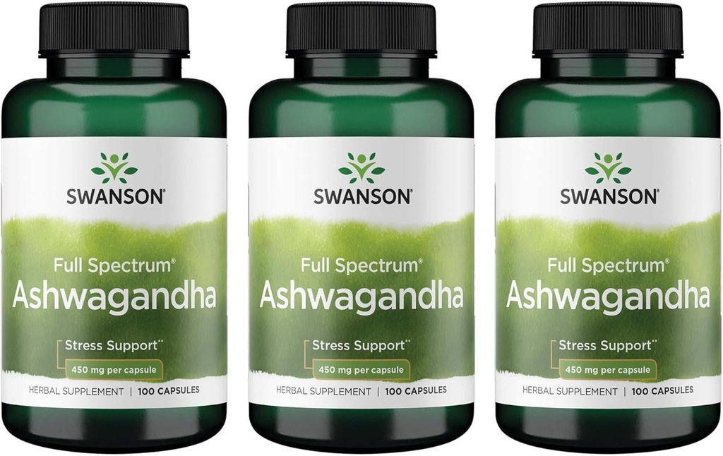 Swanson Ashwagandha Polvere Supplemento-Ashwagandha Root Promuovere il sollievo dallo stress e il supporto energetico-Ayurvedic supplemento per il benessere naturale (100 capsule, 450 mg ogni) 3 confezione