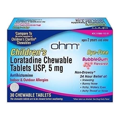Ohm bambini Loratadine Chewable, Dye Free, Bubblegum, Non-Drowsy 24h Rilievo di starnuti, Runny Nose, Occhi Watery, Itchy Throat o Nose, Antihistamine, Indoor & Outdoor Allergies, 5mg, 30 Tablet