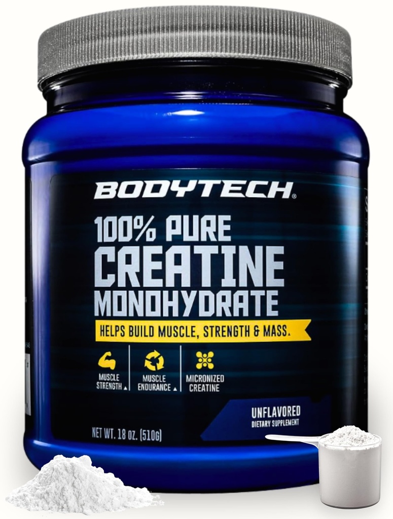BODYTECH 100% Pure Creatine Monohydrate Powder - Creatina micronizzata Premium per una maggiore resistenza muscolare e prestazioni - Supporta i muscoli, il recupero e l'esercizio aumentato (18oz/102 Servings)