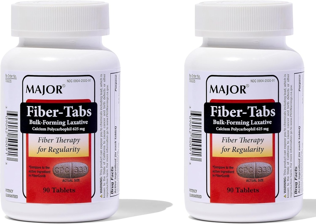 MAJOR Fiber-Tabs 625 Mg compresse - Terapia in fibra per regolarità - Rilievo di costipazione occasionale per adulti - 90 Conte (2 Confezione)