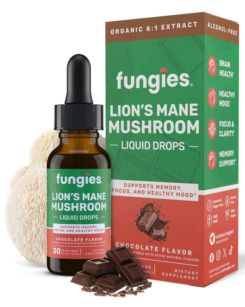 Fungies Lion's Mane Mushroom Liquid Drops, Cioccolato - Tintura con Lions Mane Extract Supporta Cervello, Focus, Memoria & Healthy Mood - Mushroom Complex Supplement per Adulti - 30 Serve