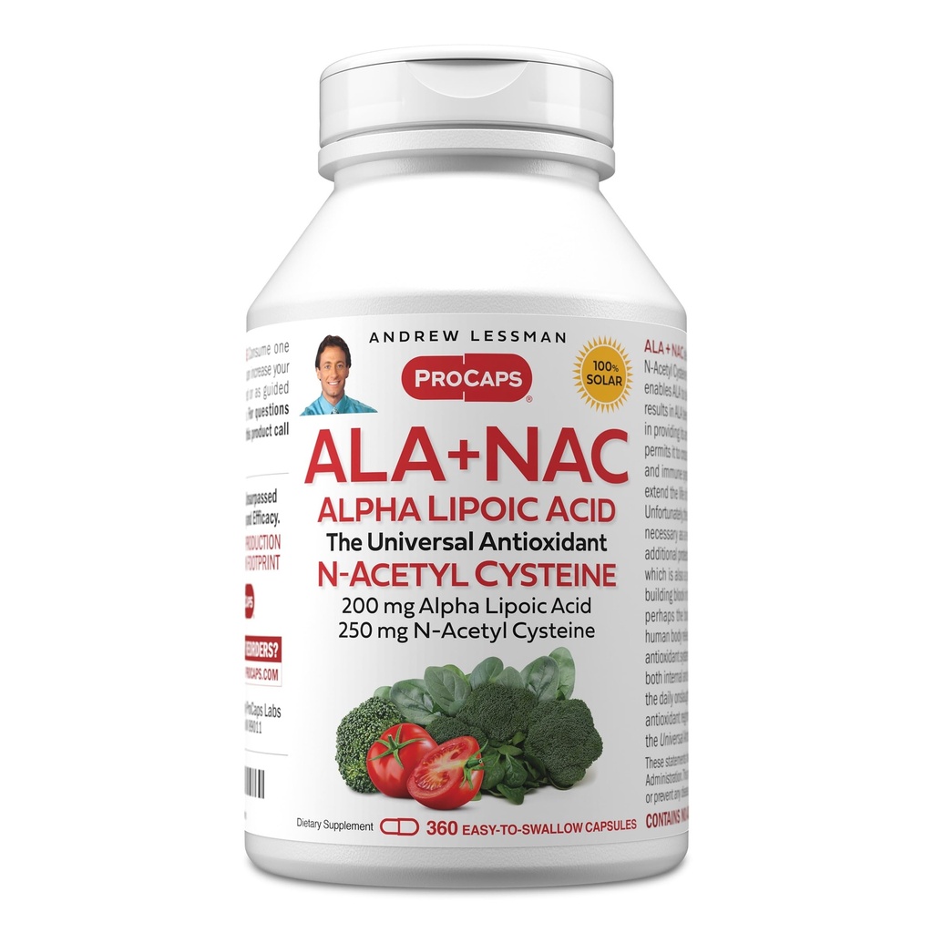 ANDREW LESSMAN ALA + NAC Alpha Lipoic Acid con N-Acetyl-Cysteine 360 Capsule - Ultra-High Potency, Anti-Ossidante Supporto per il sistema nervoso, Cuore, Cervello, fegato, reni, polmoni, energia. Nessun Additivo
