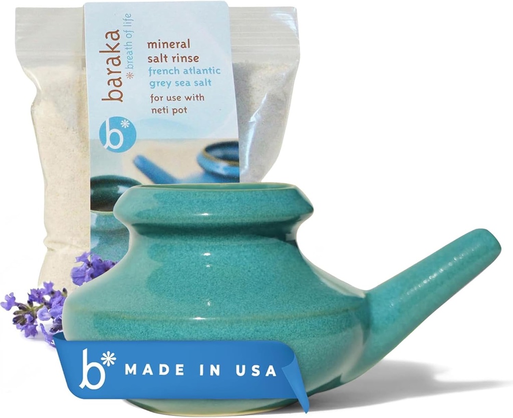 Baraka Neti Pot Tool Kit - Soluzione Snoring & Saline, Lavastoviglie di ceramica artigianale Sicuro con 2oz Mineral Sea Salt per Nose Cleaning & Sinus Rinse Perfetto per Allergy Relief in Adulti & Kids (Jade)