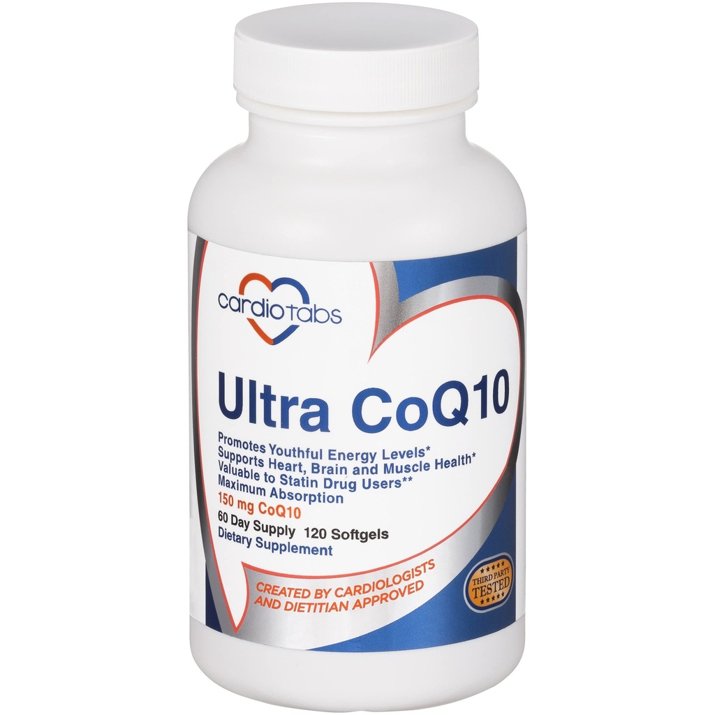 Ultra CoQ10 Coenzima Supplemento per Cardio Health, 150 mg di CoQ10 - Ubiquinone - Per 2 Softgels w/Safflower Oil & Tocopherols, 6X Migliore assorbimento per la salute del cervello e del muscolo, 120 Softgels