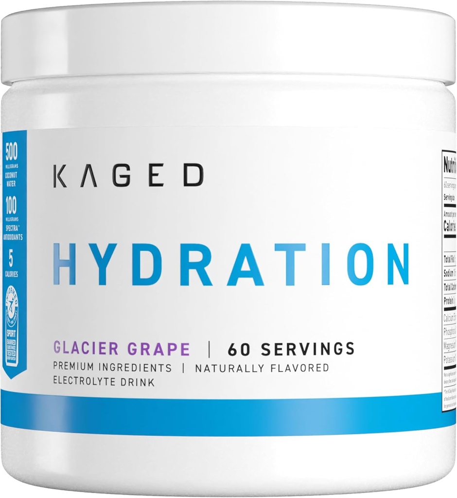 Polvere di elettroliti di idratazione di Kaged | Grape di ghiacciaio | Miscela di bevande sportive Hydra-Charge | Pre, Post, Intra Workout | Carb basso, Vegan, Gluten Free | Supplementi per uomini e donne | 60 Serve