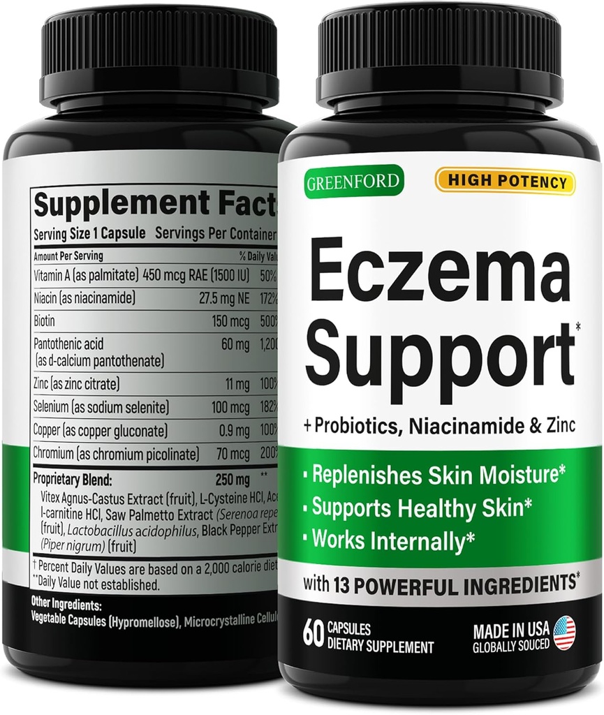 Greenford Eczema Trattamento e supporto per il sollievo naturale - Made in USA - Vitamine e erbe della pelle per Eczema, Acne, Psoriasi, Trattamento Rosacea con Zinco, Niacinamide & Probiotics - 60 caps