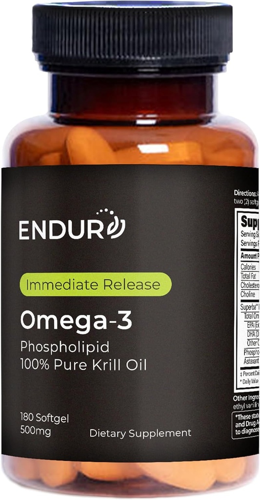 Endur Omega-3 Phospholipid (100% Pure Krill Oil), supplemento di salute del cuore, formulato per l'assorbimento ottimale, senza glutine, 500mg (180 Softgels)